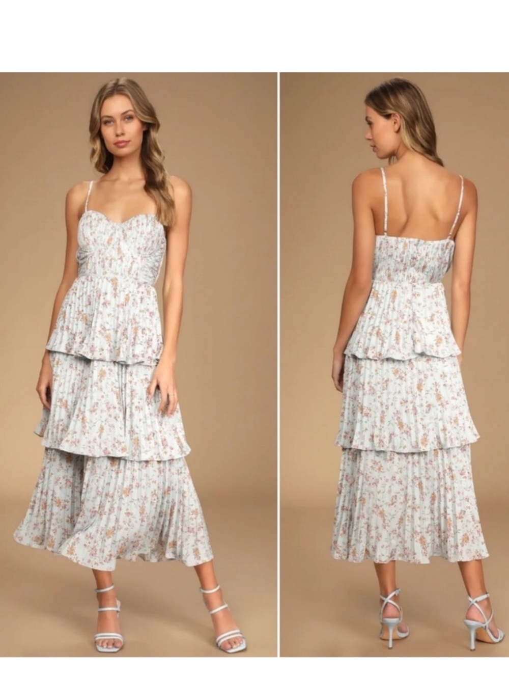 Lulus Lulus Cascading Crush pale blue floral print tiered bustier midi dress - Picture 2 of 4